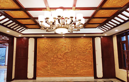 塔洋镇中式别墅客厅中式木作横梁吊顶装饰展示